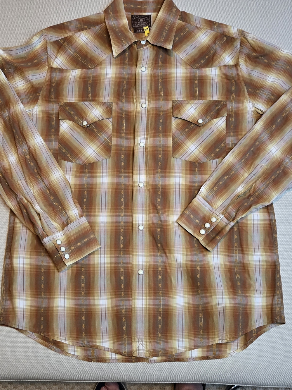 Lucky Brand Large Men's Button Down Long Sleeve Western Shirt Brown Gold Threads